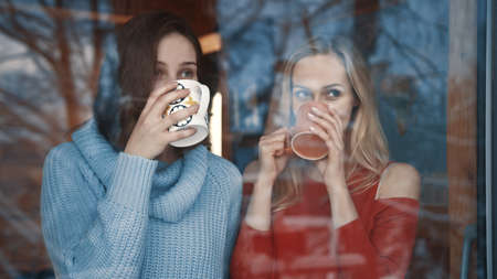 Young lesbian couple enjoying winter vacation. Looking through the window on snow covered neighborhood while drinking hot beverage. High quality photoの写真素材