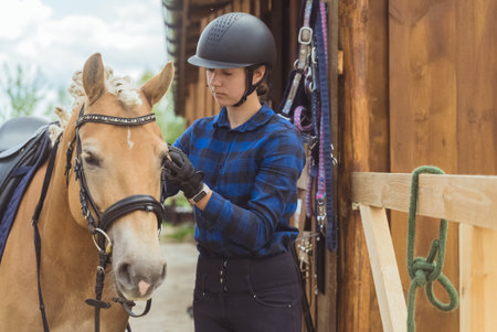 Female jockey with her light brown horse outside the stable. The girl is dressed in a blue checked shirt and wearing a safety helmet. Fixing the bridle of her horse. Preparing for the competition.の写真素材
