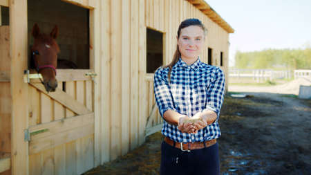 Horsewoman with horse feeds in her hands posing for the camera. Horse stable with stalls in the...
