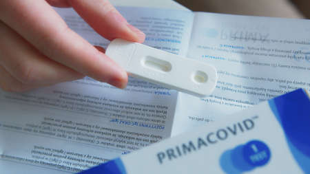 Warsaw, Poland, 01.06.2021 Primacovid Covid-19 Test for home use is available in Biedronka, Polish...