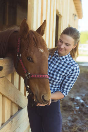Female horse owner standing at the horse stable embracing a dark bay horse in the stall. The horse...