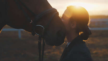 a young beautiful woman touches a horses head with her face and thus obscures the sun. High-quality photoの写真素材