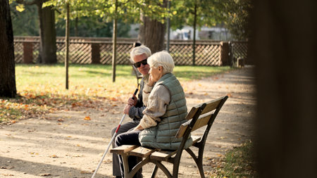 Aged Caucasian couple in the park, disabled husband in glasses and a stick park blind people support concept selective focus full shot copy space . High quality photoの写真素材