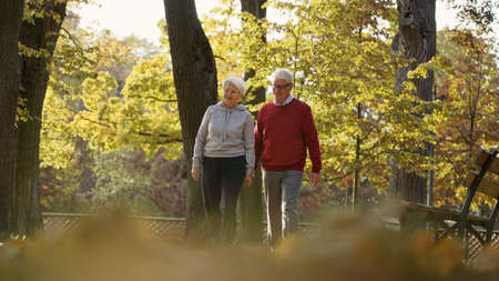 Happy senior Caucasian couple walking in the park smiling healthy lifestyle selective focus full...