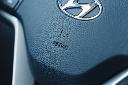 2021.08.18 Benidorm, Spain an airbag under the plastic with letters with the metal logo of a Hyundai car. High-quality photoのeditorial素材