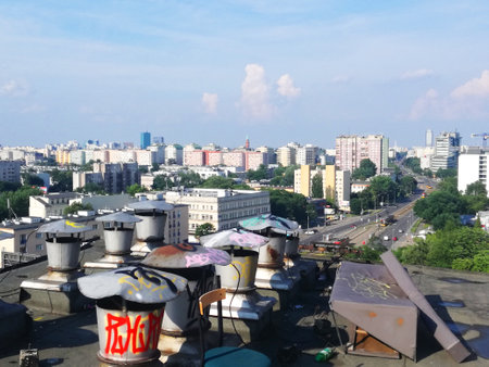06.03.2018 Warsaw, Poland. Roof top view with cityscape background. Beautiful weather. Graffiti. High quality photoのeditorial素材