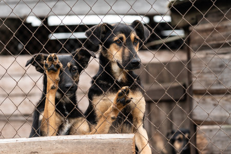 Dogs at the homeless dog shelter. Abandoned dogsの写真素材