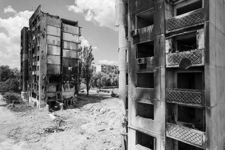 War in Ukraine - destroyed building in Borodyanka, black and white photoの写真素材