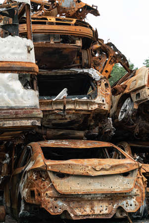 Consequences of the war in Ukraine - destroyed cars in Irpin, Bucha district.
