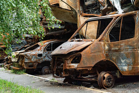 Dump of war-destroyed cars in Ukraineの写真素材