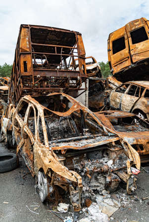 Shot and burned cars during the war in Ukraineの写真素材