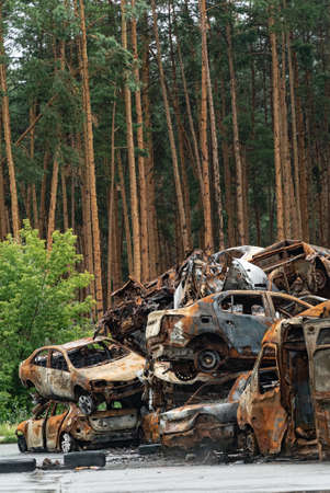 Irpin, Bucha district, Ukraine - war-destroyed carsの写真素材