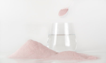 Natural strawberry collagen protein powder for skin regeneration. Plant based. Hydrolyzed. The concept of food additives.の写真素材