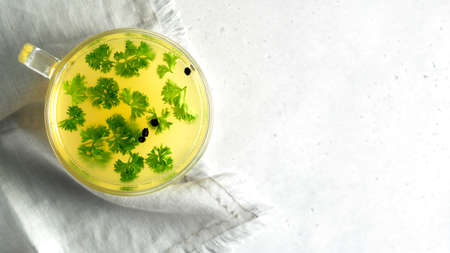Cup of homemade chicken bone broth on white background with textile.の写真素材