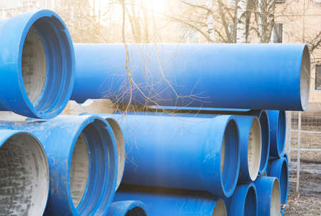 The new blue pipes at sunset. Gas pumping equipmentの写真素材