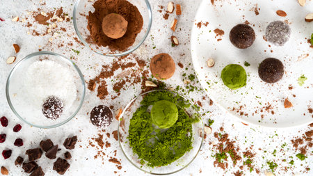 Super food energy balls. No bake homemade raw vegetarian fitness dessert covered by matcha tea powder, coconut powder and cocoa powder. Healthy eating. Candy making process. Selective focus. Top view.の写真素材