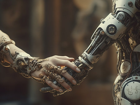 Human hand holding robot hand. Relationship and friendship between a human and a robot. Generative Ai technology.の素材