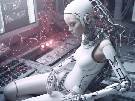 Tired overworked female employee android robot. Virtual assistant in the future. Generative Ai technology.の素材