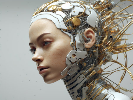 Portrait of android female robot woman. Virtual assistant in the future. Generative Ai technology.の素材