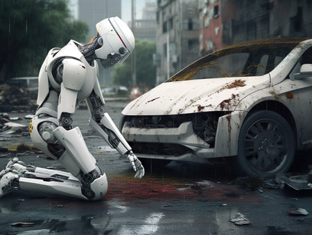 Android male robot is trying to fix the car. A ruined city in the background. Generative Ai technology.の素材