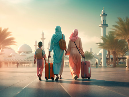 Muslim Arabian mother with daughter and son holding suitcase arrival to home. Family vacation and travel concept. Generative Ai technology.の素材