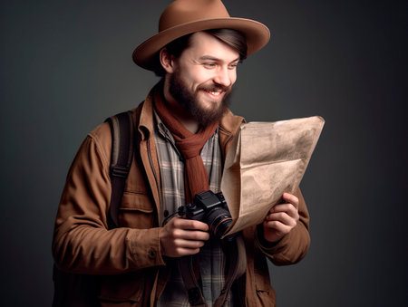 Smiling male traveller photographer with hat backpack camera and map. Travelling, freedom and active lifestyle concept. Generative Ai technology.の素材