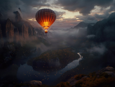 Hot air balloon. Travel tourism freedom trip and adventure concept. Generative Ai technology.の素材