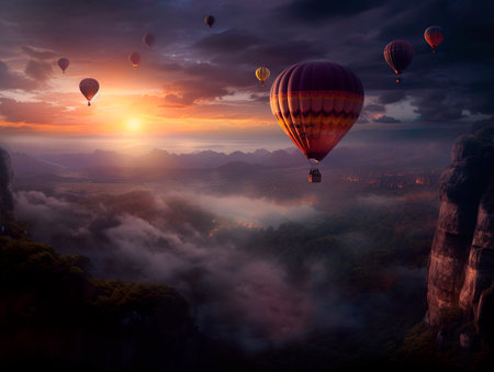 Hot air balloons at sunset. Travel tourism freedom trip and adventure concept. Generative Ai technology.の素材