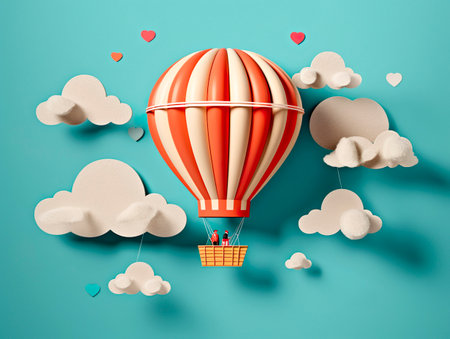 Hot air balloon flying on the sky with cloud over the city. Travel agency concept. Generative Ai technology.の素材