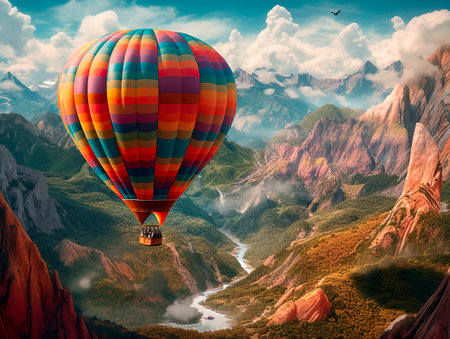 Colorful hot air balloons. Travel tourism freedom trip and adventure concept. Generative Ai technology.の素材