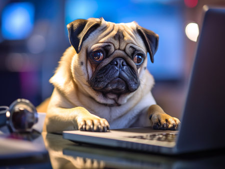 Adorable pug dog boss businessman typing on a laptop. Generative Ai technology.の素材