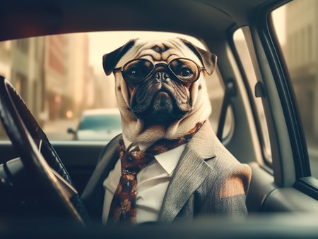 A serious pug dog boss businessman wearing sunglasses suit and tie driving a car sitting at the wheel. Generative Ai technology.の素材