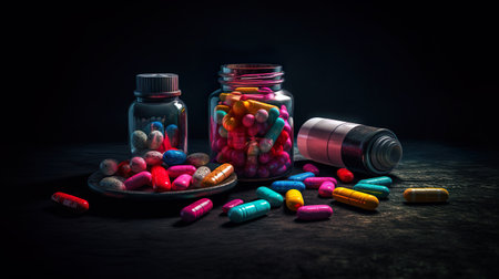 Colorful medicine pills and tablets on dark background. Healthcare concept. Generative Ai technology.の素材