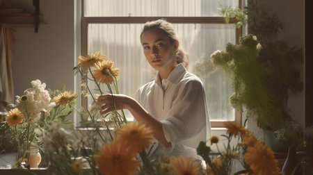 Female florist entrepreneur making creating a bouquet of flowers in her floral shop. Generative Ai technology.の素材