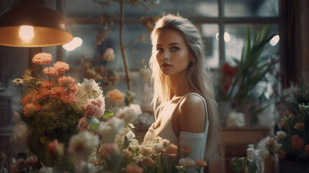 Beautiful young female florist in floral shop creating making flower bouquet. Generative Ai technology.の素材