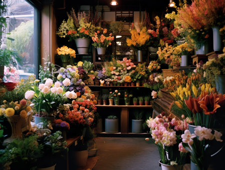 Floral shop interior. Floral design studio, decorations and arrangements. Generative Ai technology.の素材