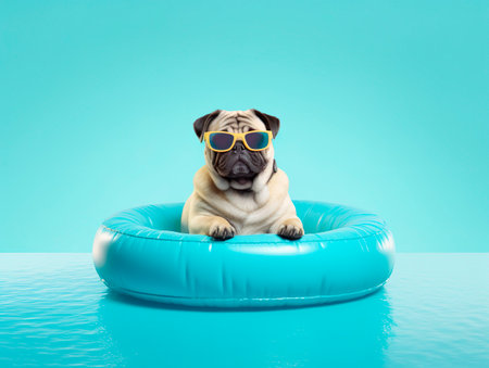 A pug dog on summer vacation, wearing yellow sunglasses swimming in the pool in a blue inflatable circle. Generative Ai technology.の素材