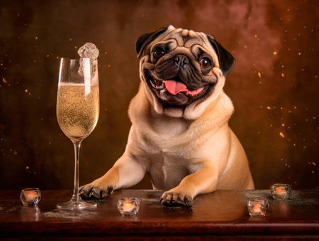 Pug dog with a glass of champagne. Generative Ai technology.の素材