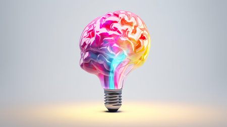 Lamp bulb with human colourful brain inside. Idea generation, brainstorm concept. Generative Ai technology.の素材