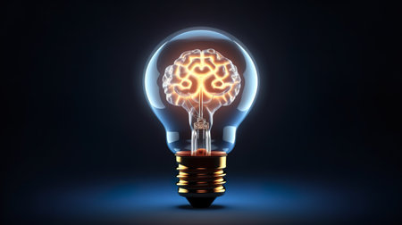 Lamp bulb with human brain inside on dark background. Idea generation, brainstorm concept. Generative Ai technology.の素材