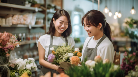 Two young smiling asian women florists entrepreneurs making a bouquet of mixed flowers in the floral shop. Generative Ai technology.の素材