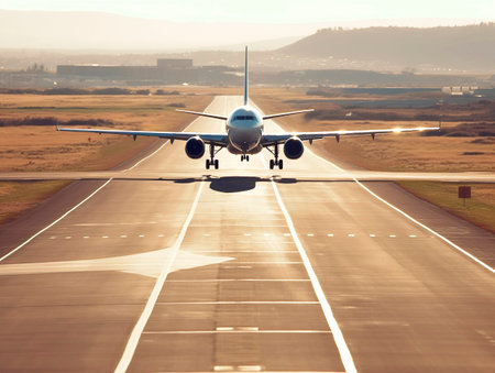 A large passenger plane aircraft lands on the runway. Generative Ai technology.の素材