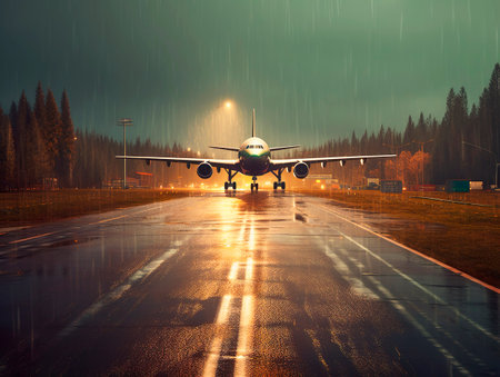 A large passenger airplane aircraft is on the runway during heavy rain. Flight cancellation due to weather. Generative Ai technology.の素材