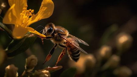Bee insect and flower. Close-up of a large striped bee collecting honey on a yellow flower. Generative Ai technology.の素材