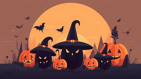 Scary cartoon pumpkin lantern in a witchs hat with an evil grin for Halloween. Trick or treat. Generative Ai technology.の素材