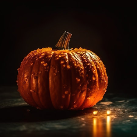 Autumn orange pumpkin with water drops. Healthy food vegetable. Generative Ai technology.の素材