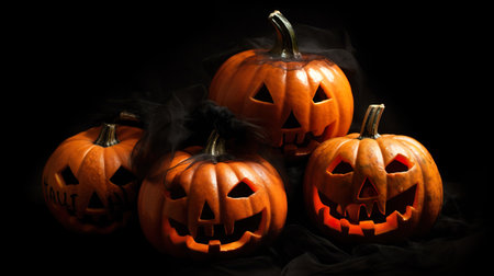Scary pumpkins glowing lantern with an evil grin for Halloween. Generative Ai technology.の素材