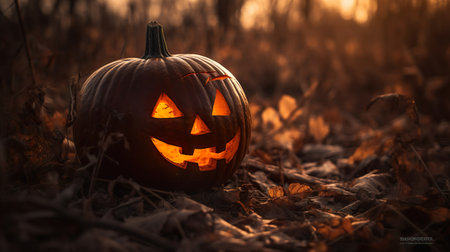 Scary pumpkin glowing lantern with an evil grin for Halloween in autumn forest. Generative Ai technology.の素材