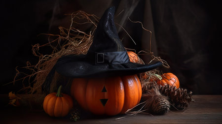 Frightening orange pumpkin head in a black witchs hat. Halloween holiday. Trick or treat. Generative Ai technology.の素材