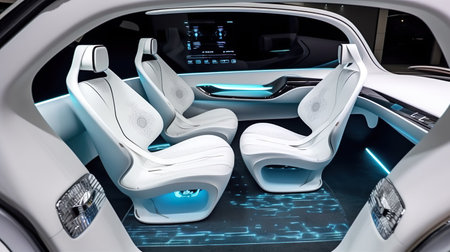 Driverless car interior with modern seats and futuristic dashboard for autonomous control system. Generative Ai technology.の素材